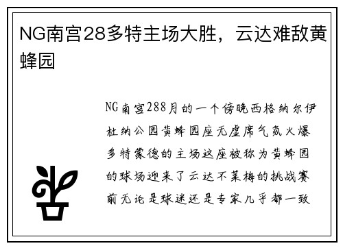 NG南宫28多特主场大胜，云达难敌黄蜂园