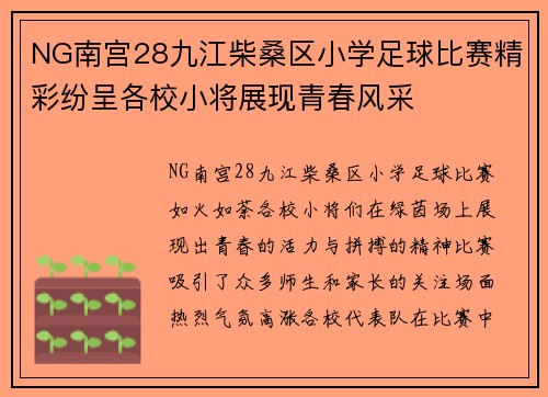 NG南宫28九江柴桑区小学足球比赛精彩纷呈各校小将展现青春风采