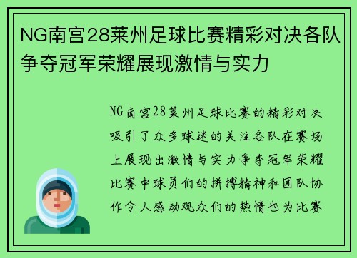 NG南宫28莱州足球比赛精彩对决各队争夺冠军荣耀展现激情与实力